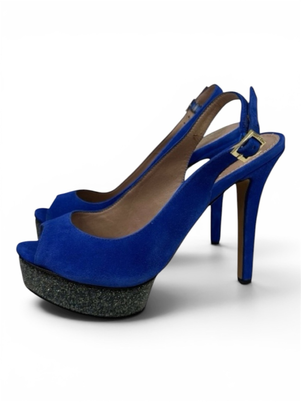 Vince Camuto Blue Suede Platform Heels Peep Toe Slingback Glitter Platform 7.5